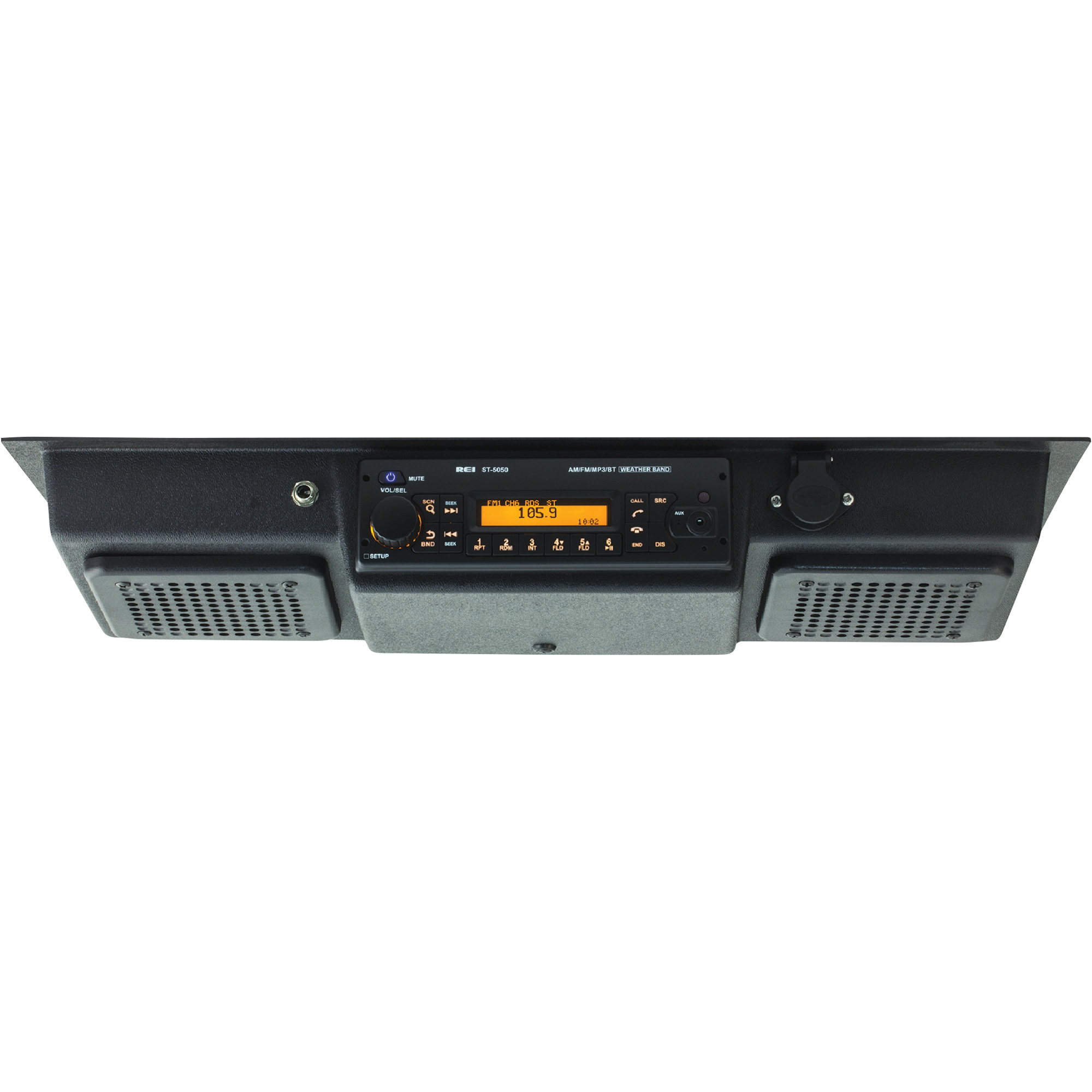 REI Universal Roof-Mount Radio Kit AM/FM/WB/AUX/USB with Bluetooth, 2 Speakers, 2 Power Ports, Model# REC24W